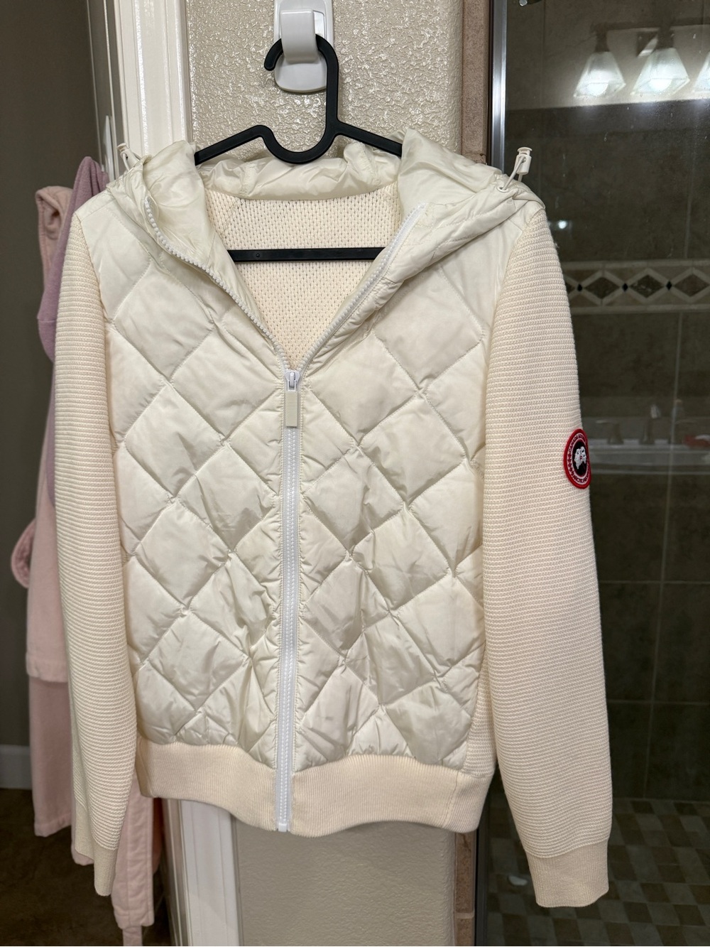 Cream Quilted Hooded Jacket with Knit Sleeves